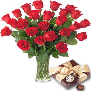 2 Dozen Red Roses in a Vase W/ Chocolate