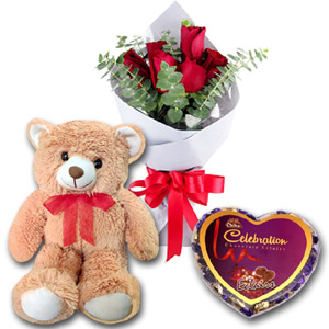 (66) Six pcs Red roses W/ chocolate and Bear