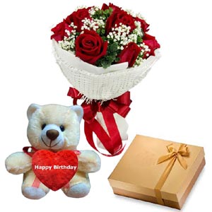 (07) 1 dz Red Roses W/Chocolate and Bear