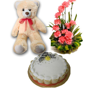 Vanilla Cake W/ Carnation Basket & bear