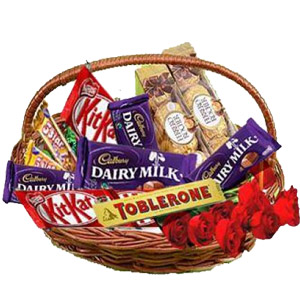 Assorted Choco Lover Basket W/ Red Roses