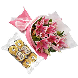 Pink Lilies in a Bouquet W/Ferrero Rocher Chocolate 