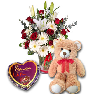 (38) Mixed Flower in vase W/ Bear & Chocolate