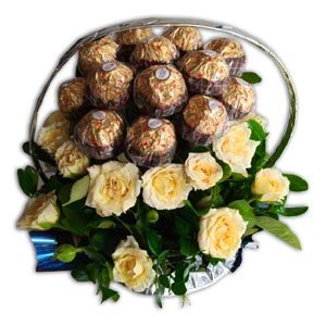 White Roses W/ Ferrero Rocher in a Basket