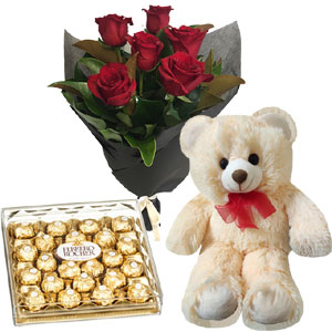 (33) Red roses W/ 24 pieces Ferrero Rocher Chocolate and Bear