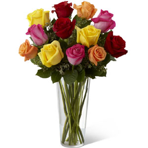 (10) 1 Dozen multicolor roses in vase