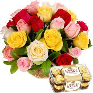 (16) Multicolor Rose Basket W/ Ferrero Rocher Chocolate
