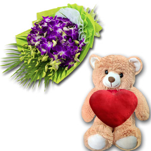 (51) Teddy Bear w/ Red Heart & orchids in bouquet