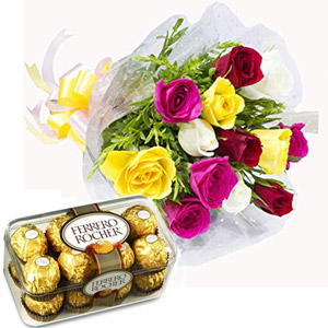 (40) Multicolor Roses W/ Ferrero Rocher Chocolate