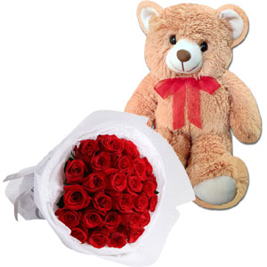(28) 3 dz red roses w/ Teddy bear