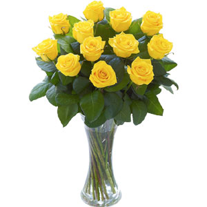 (009)12pcs yellow imported roses in a vase