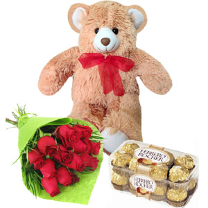 (23) Red Roses W/ Ferrero Rocher Chocolate & Bear