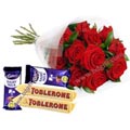 1 Dozen red roses W/ Dairy Milk & Toblerone chocolate