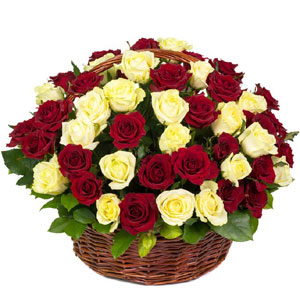 4 dozen red & yellow roses in a basket