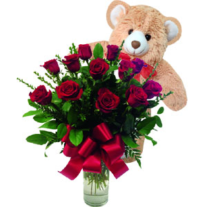 (01) 1 dz Red Roses in vase with bear