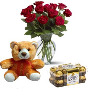 Roses in vase W/ Ferrero Rocher chocolate & Bear