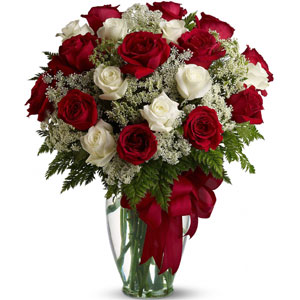 (13) 2 dozen red & off white roses mix in Vase