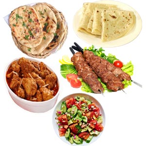 (28) Dostor Khana Beef Sheek Kabab W/ Naan, paratha, Tawya Jhal Fry & Salad for 3 person