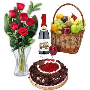(40) Cake W/ Fruit basket & Red Rose