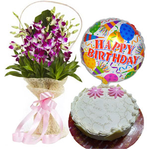 Cake W/ Orchids & Birthday balloon