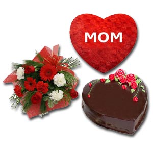 (36) Swiss- Cake W/ Mixed Flowers in Bouquet & Mother' s Day Heart shaped pillow