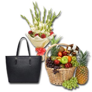 Hand Bag W/ Fruit Basket & Mixed flowers in bouquet