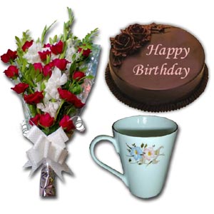 (32) Hot- Black Forest Cake W/ Mixed flowers in Bouquet & Mug