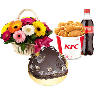 (30) Cake W/ KFC- 8 Pcs Chicken W/ Pepsi & 12 pcs Mixed Gerberas in Bouquet