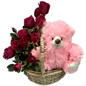 12pcs red roses W/ 6 inch teddy bear 