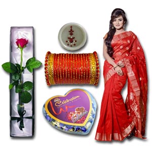 Gas Silk Sharee W/ Red churi,Tip,Heart shape chocolate & Red Roses in a box.