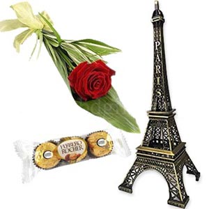 Love symbol Eiffel Tower W/Red Rose & Ferrero Rocher chocolate.