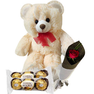 Ferrero Rocher Chocolate W/ Teddy Bear & 1 piece Red Rose