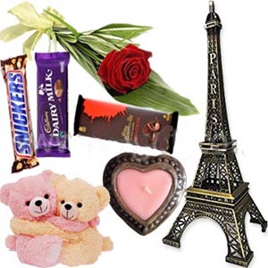 Twin bear W/ Eiffel Tower, Heart Candle, Red rose, Hazelnut,Dairy milk & Snickers Chocolate