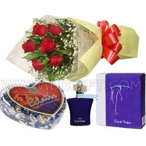 Women's branded Perfume W/ Heart Shape Chocolate & Red roses in a bouquet.
