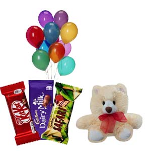 (00002)Teddy W/ Chocolates and Colourful Balloons