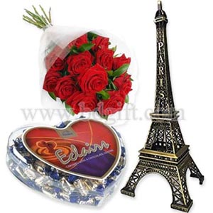 Romantic love symbol Eiffel Tower W/Red Roses & chocolate.