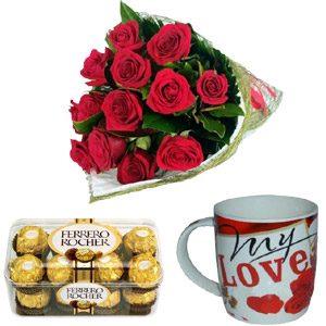 Roses with chocolate and mug