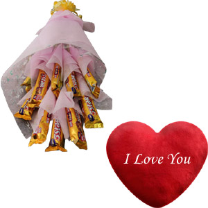 Chocolate bouquet and heart shape pillow