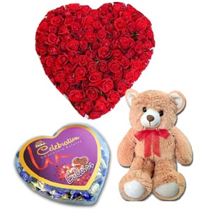 (46) Heart Shaped Roses W/101 Roses, Chocolate & Bear