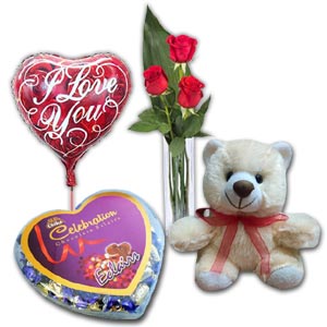 3 Pcs Red Roses in vase w/ Bear, Chocolate & Balloon 