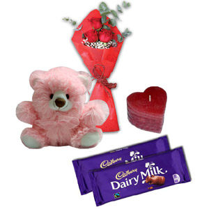 3 Pcs Red Roses w/ Bear, Chocolate & Candle