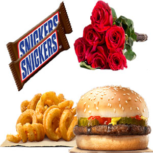 Beef burger W/curly fries. red roses and chocolates
