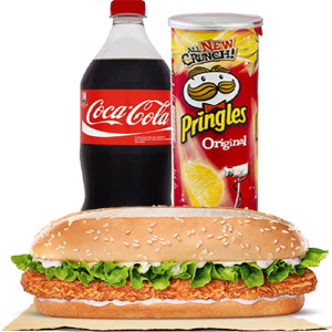 Long chicken burger W/ coca-cola & pingles chips