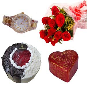 Cake W/ red roses, ladies watch & candles