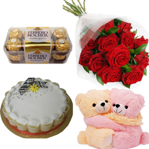(32) Cake W/ red roses, chocolates & twin teddy bear
