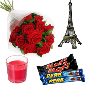 (36) Red roses W/ chocolates, candle & eiffel tower