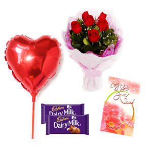 Red roses w/ balloon, card & chocolate
