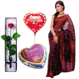 (41) Jamdani Silk Sharee W/ Rose, Chocolate & Balloon