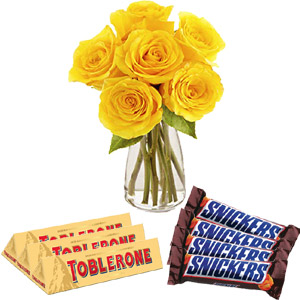 Yellow roses with and chocolates