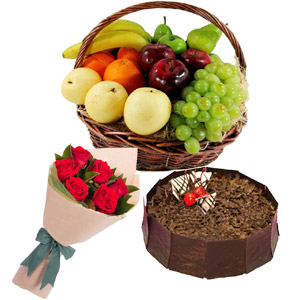 Fruit Basket W/ Cake & Red Roses